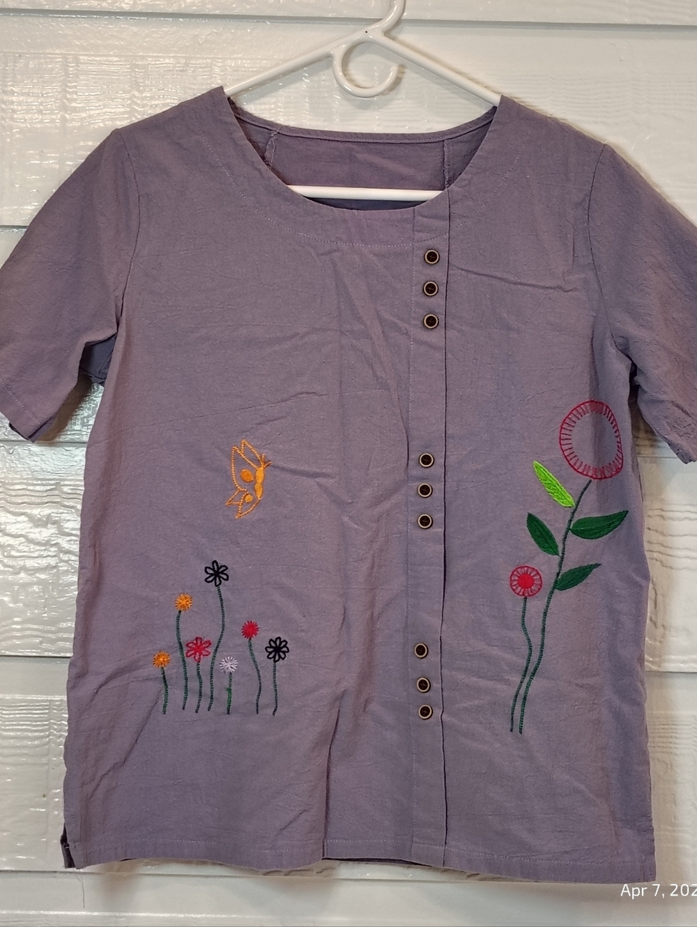 LAVENDER ARTSY EMBROIDERED FLOWER PULLOVER SHIRT WOMENS SZ XL RETRO COTTON BOHO